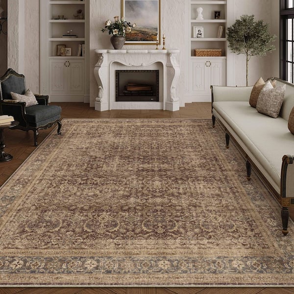 Holly Brown 9 ft. x 12 ft.  Distressed Vintage Floral Area Rug