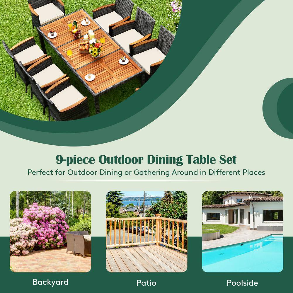 Mix Gray 9-Piece Outdoor Wicker Dining Set with Acacia Wood Table and Beige Cushions