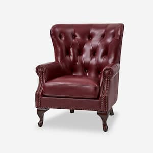 Eberhard Burgundy Genuine Leather Arm Chair with Nailhead Trims and Removable Cushion
