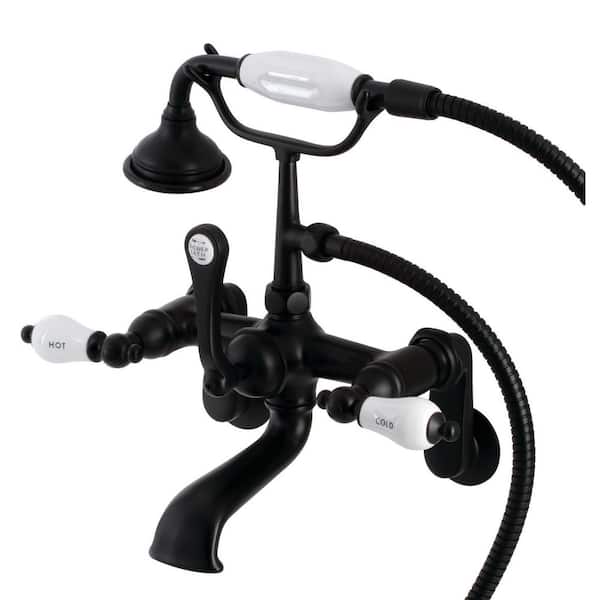 Kingston Brass Aqua Vintage 3-Handle Wall-Mount Clawfoot Tub Faucets with Hand Shower in Matte Black