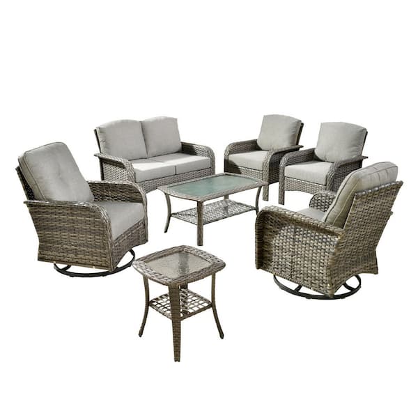 Denali Gray 7-Piece Modern Wicker Patio Conversation Sofa Seating Swivel Rocking Chairs Set with Dark Gray Cushions