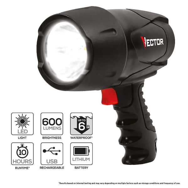 VECTOR 600 Lumen LED Waterproof Handheld Spotlight, Rechargeable, Includes 120V Home Charger and 12V DC Car Charger - The
