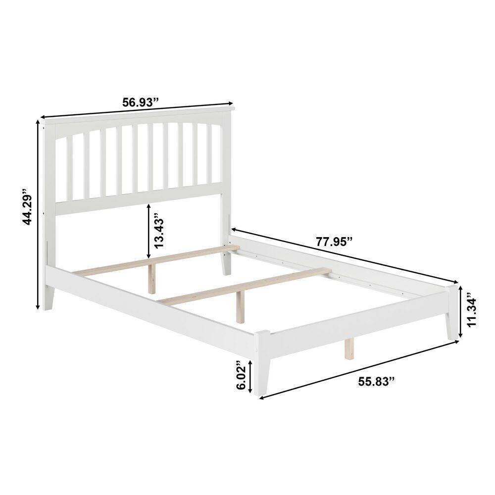 Specification diagram of a white bed frame dimensions.