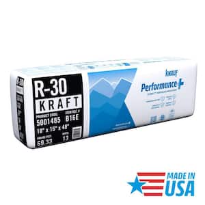 R30 Kraft Faced 16 in. x 48 in. Precut Fiberglass Insulation Batts for Floor, Attic - Sound-Reducing, USA Made (1-Bag)