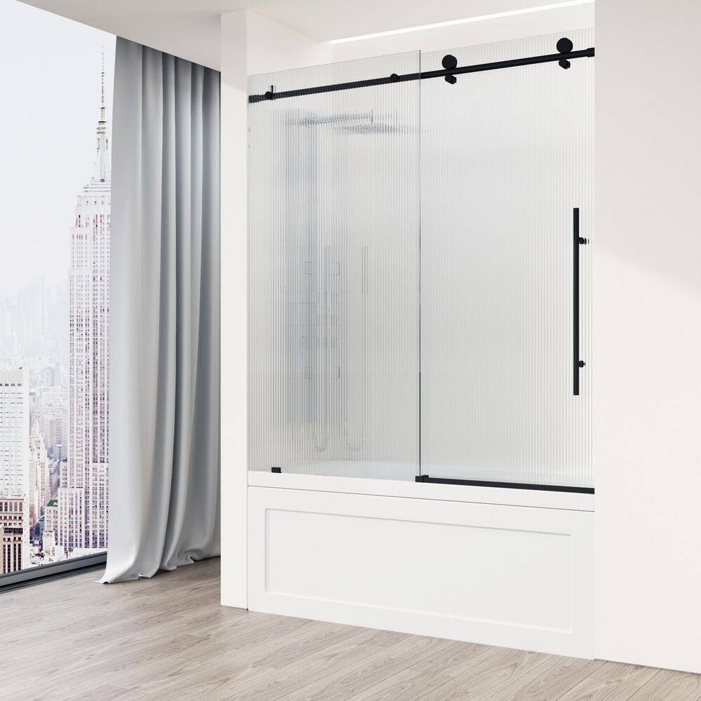 Elan E-Class 60" Matte Black Frameless Sliding Tub Door with Fluted Glass