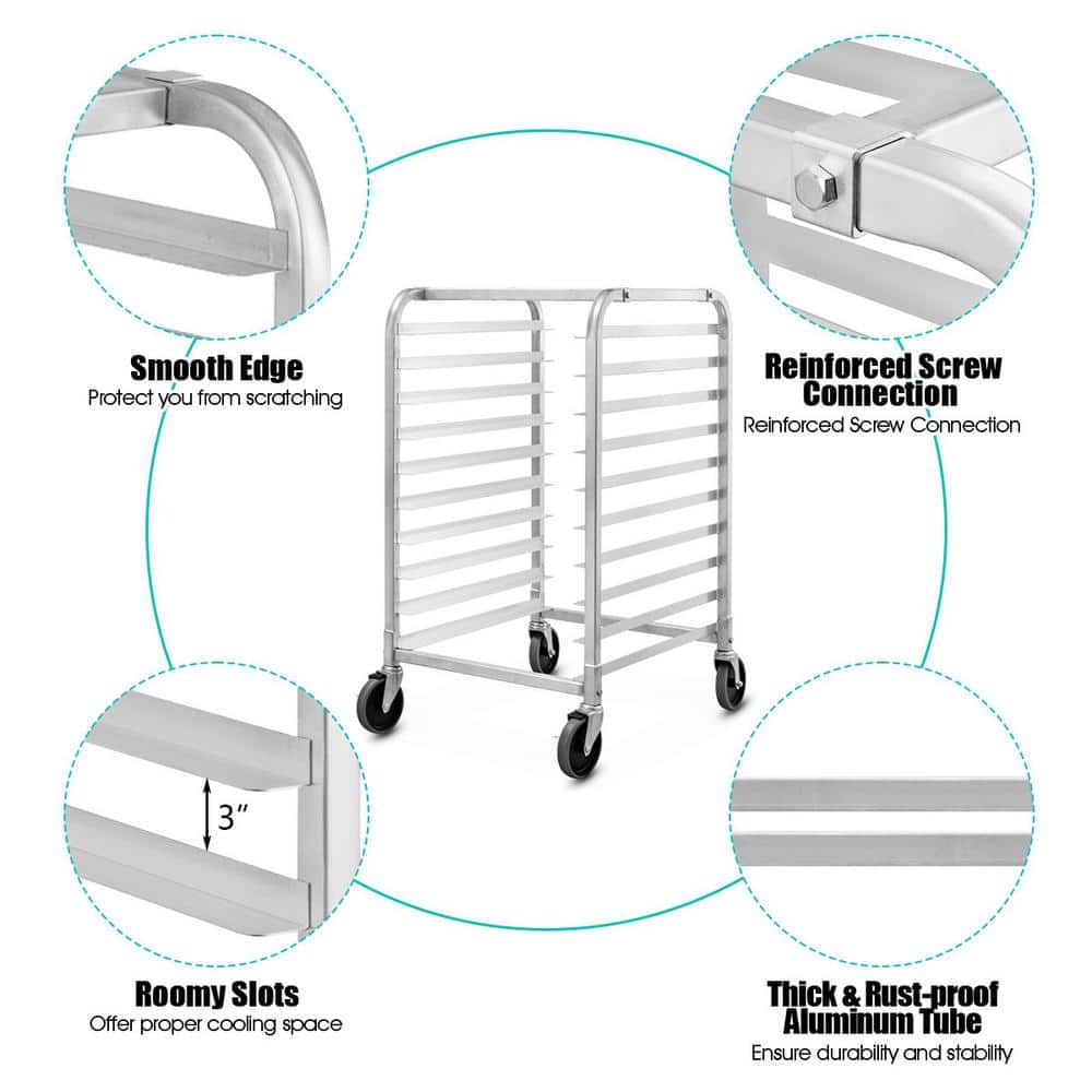 Aluminum Silver 10 Sheet Bun and Sheet Pan Rack with Mute Rolling Casters - thumbnail 7