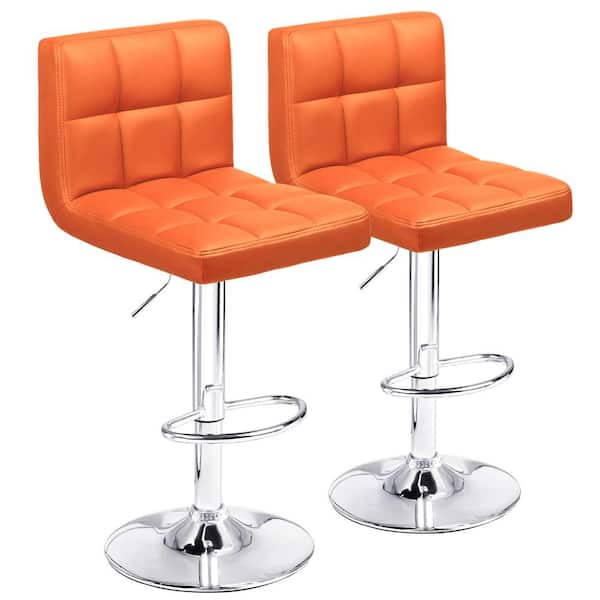 LACOO 33 in. - 44 in. Height Orange Low Back Metal Adjustable Bar Stool with PU Leather-Seat 360° Swivel (Set of 2)