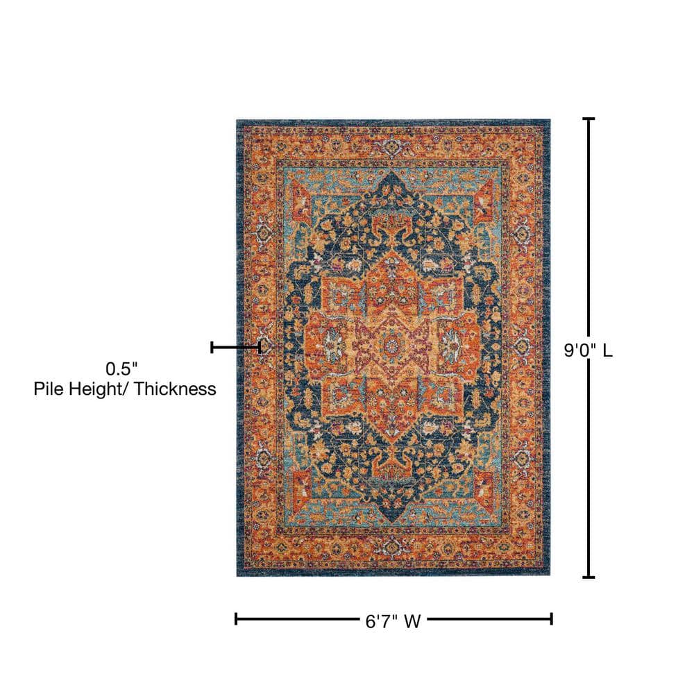 Blue and Orange High Pile Synthetic Boho-Chic Area Rug