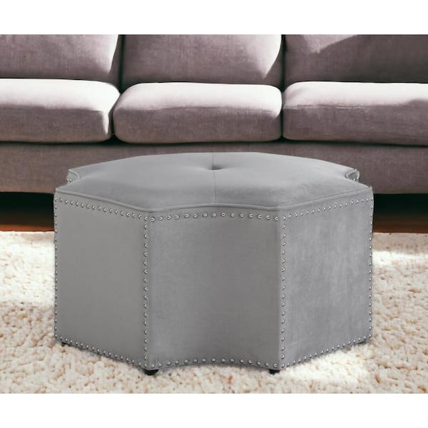 HomeRoots Gray Velvet Specialty Accent Ottoman