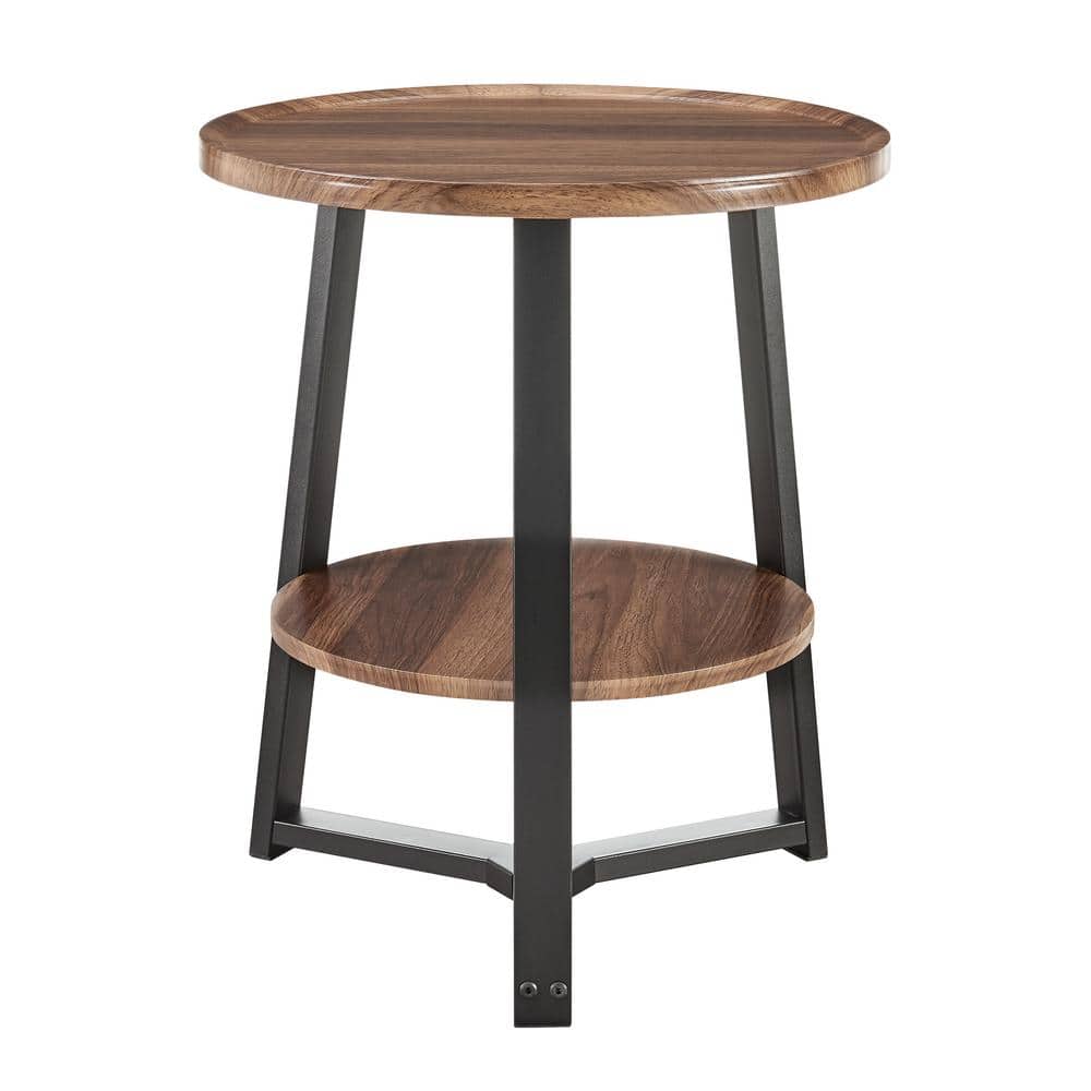 Walnut and Black Round Two-Tier Accent Table with Metal Legs