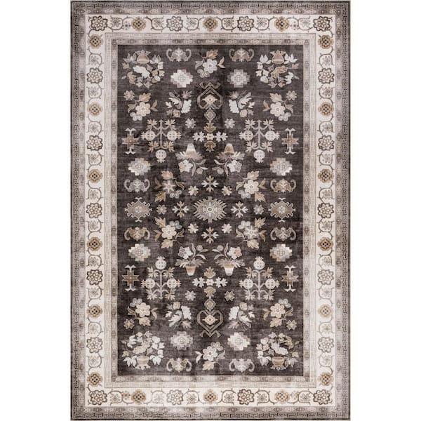 Dayflower Vintage Spill Proof Washable Brown 9 ft. x 12 ft. Indoor Area Rug