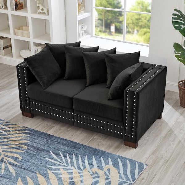 60.5 in Square Arm Velvet Rectangle Sofa in Black with Nailhead Trim Decoration, Storage Seats