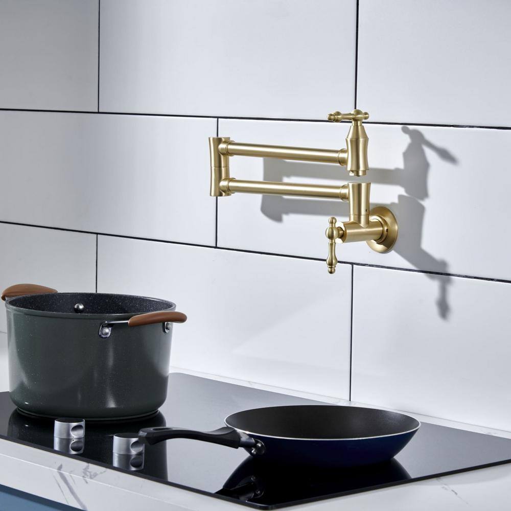 Brushed Gold Solid Brass Wall-Mounted Pot Filler Faucet