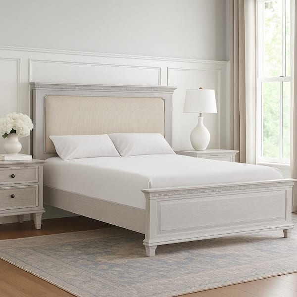 Leyne Gray and Cream White Wood Frame Queen Platform Bed with Headboard
