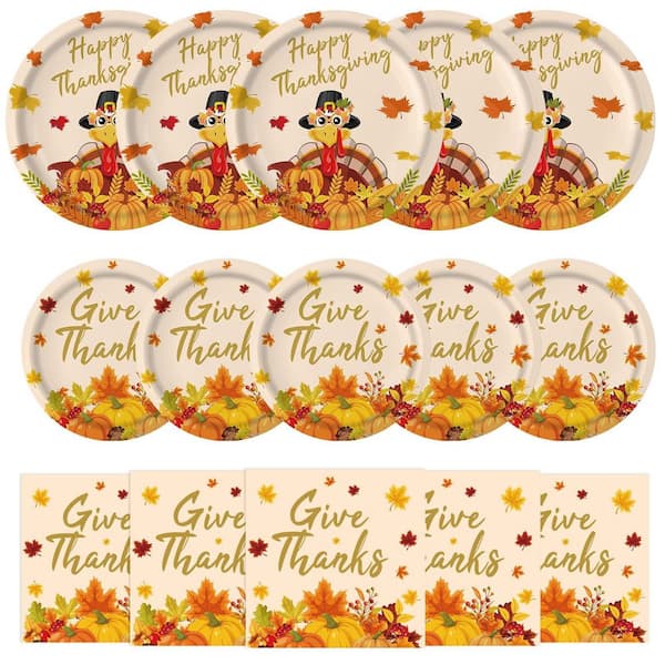 Yellow Thanksgiving Disposable Paper Tableware Set, Turkey and Maple Leaf Design, Heavy Duty Plates Napkins (Set of 150)