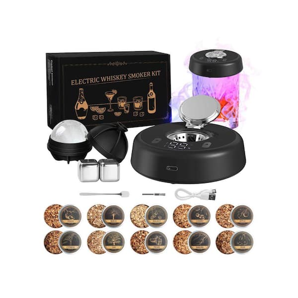 Electric Whiskey Smoker Kit with 7 Light Modes, 10 Natural Wood Chips, Food-Grade Stainless Steel Ice Cubes & Mold