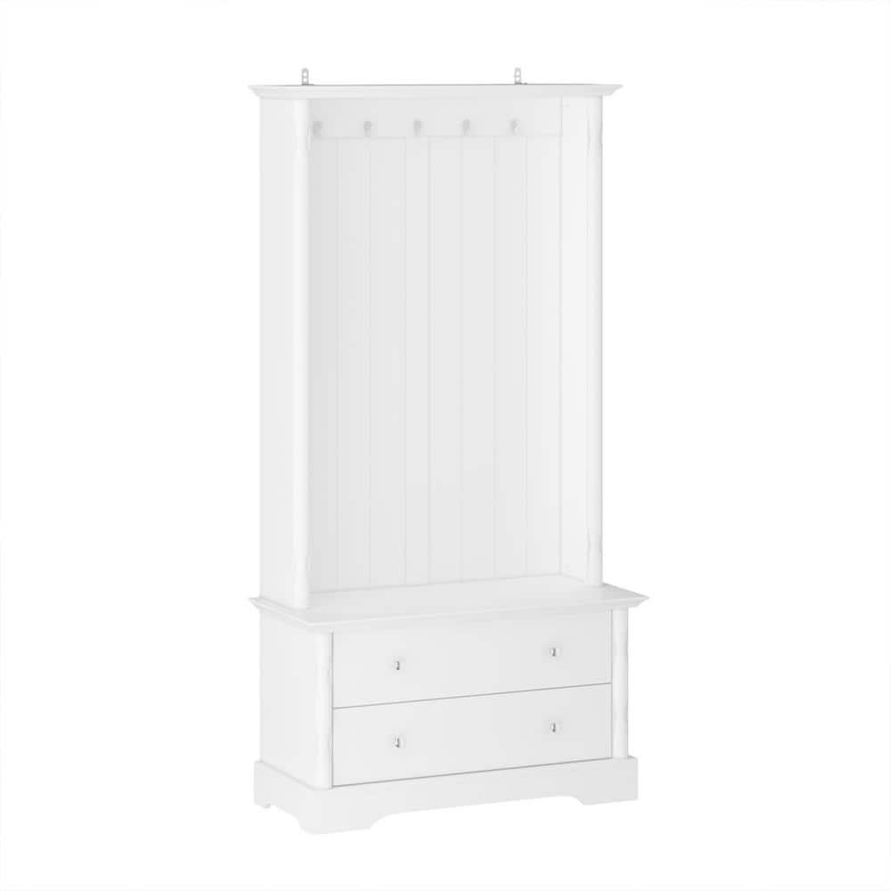 FUFU&GAGA White Wooden Freestanding Storage Hall Tree, Coat Rack with 5 Silver Hooks, Seat & 2