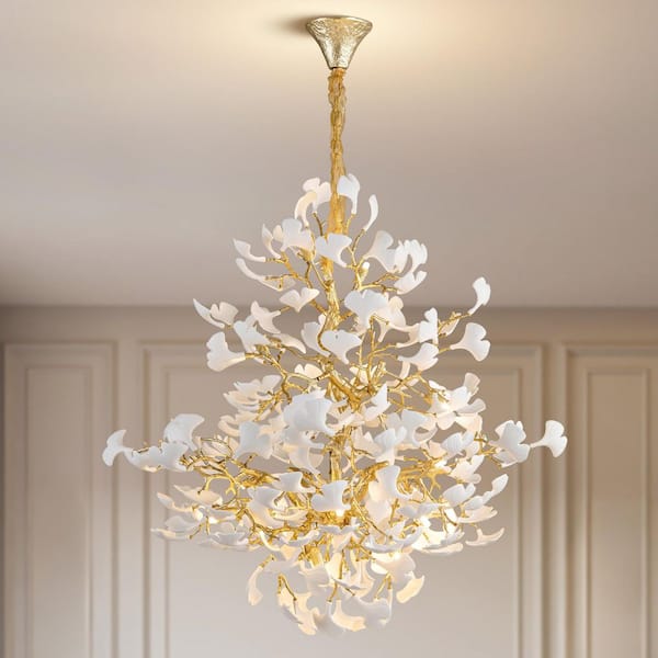 YUYI 78. 7in. 18-Light Gold Staircase Chandelier, Luxury Ginkgo