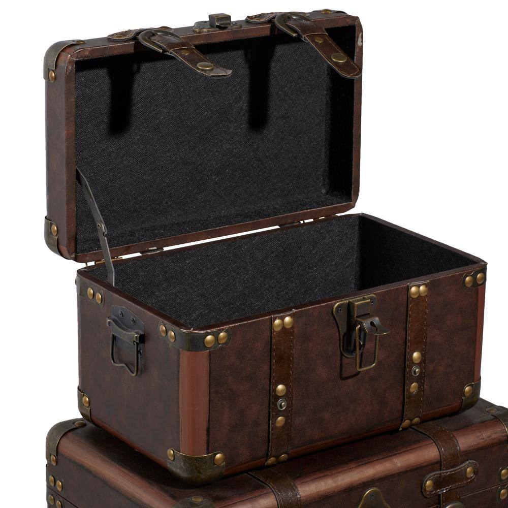 Brown Leather Rectangular Storage Trunk Set with Vintage Accents, 3-Pieces