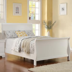White Finish Full Size Bed with Solid Wood Headboard