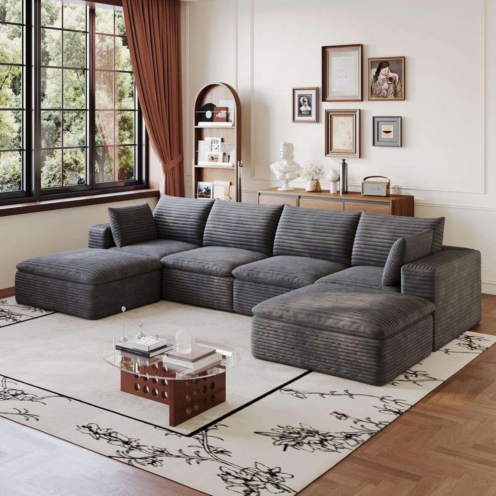 Billie 133.9 in. Square Arms 6-Piece Corduroy Modular Compressed Sectional Sofa in Dark Grey with 2 Ottomans