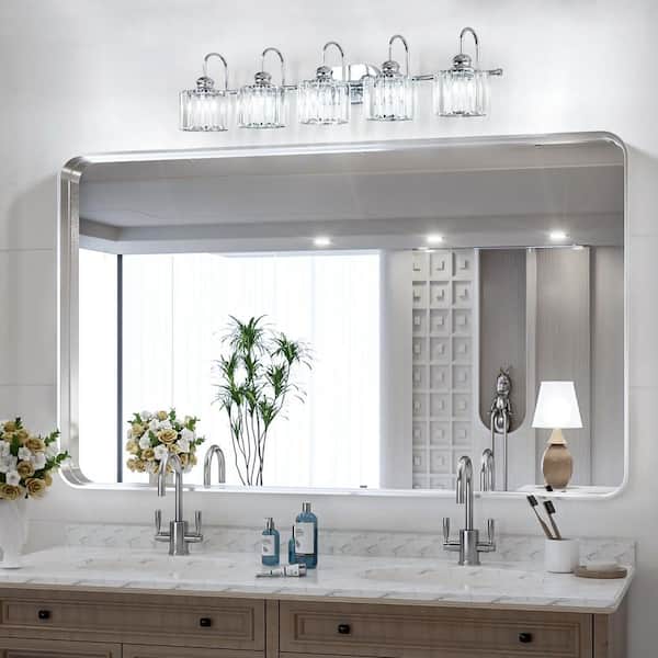 RRTYO Avenlur 37.4 in. 5-Light Linear Luxury Glam Light Wall Home Mirror Chrome 81010000042188 Light Depot Bathroom Dimmable Crystal - Vanity Over The