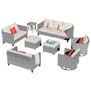 New Star Gray 8-Piece Wicker Patio Conversation Seating Set with Beige Cushions and Swivel Chairs