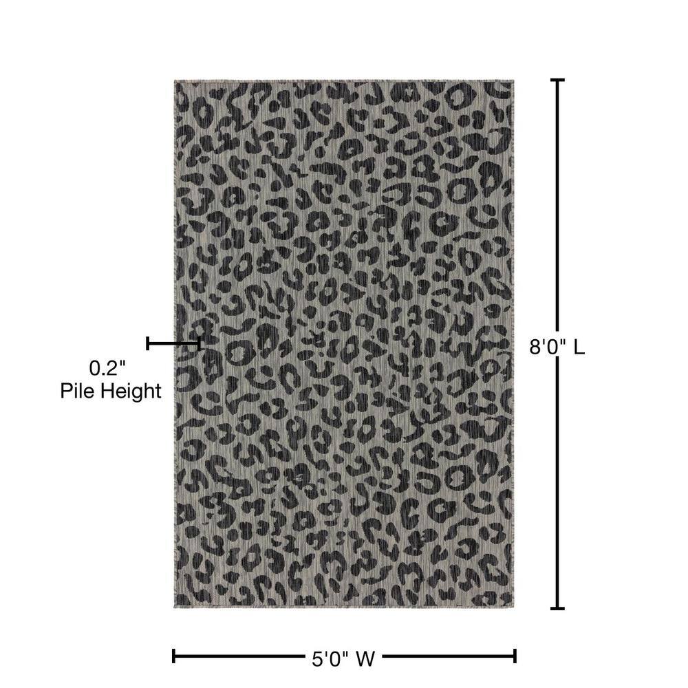 Light Gray and Black Leopard Print Outdoor Synthetic Rug