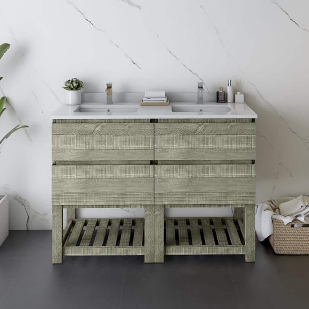 Sage Gray 46" Double Sink Freestanding Acacia Wood Bathroom Vanity