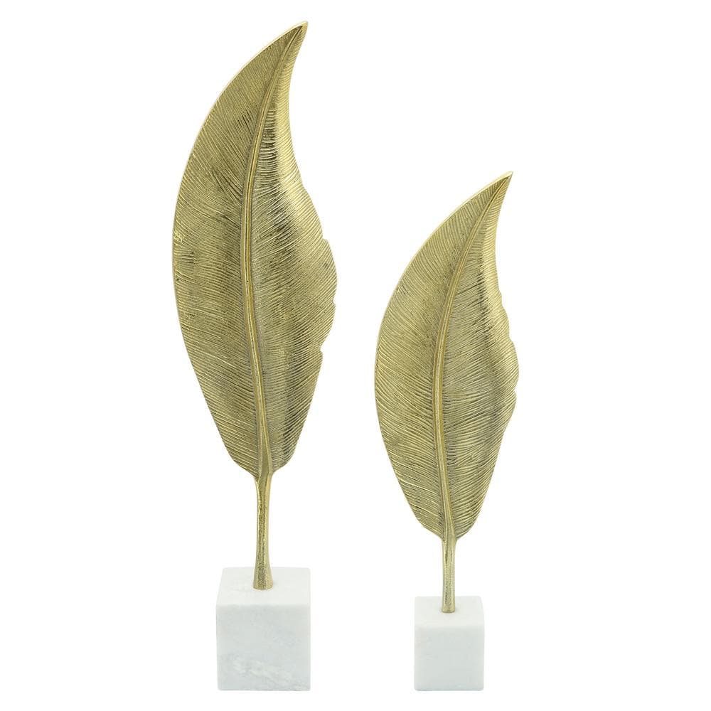 Gold Metal Leaf Sculpture with White Marble Base, 28" Height