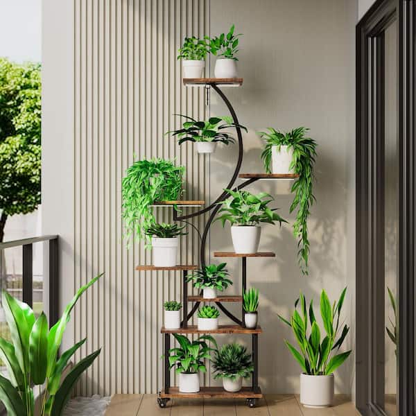 62 in. Brown Rectangle Particle Board Indoor Plant Stand w/Grow Lights and Wheel 8-Tiered Flower Holder Rack Plant Shelf