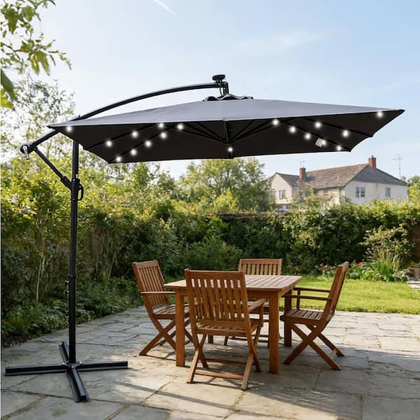 cantilevered patio umbrella Mondawe 11 ft. Patio Aluminum Cantilever Umbrella Market Offset Umbrella with Crank System & Base in Gray
