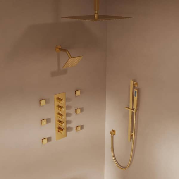 Dual 15-Spray Ceiling Mount 16 and 6 in. Fixed and Handheld Shower Head 2.5 GPM in Brushed Gold Valve Included