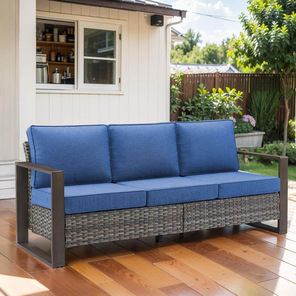 Gray Wicker and Steel Outdoor Sectional Sofa with Blue Cushions