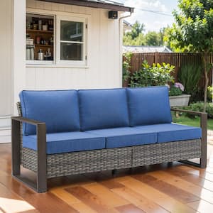 Gray Wicker Outdoor Patio 3-Seat Sofa Couch with Blue Cushions