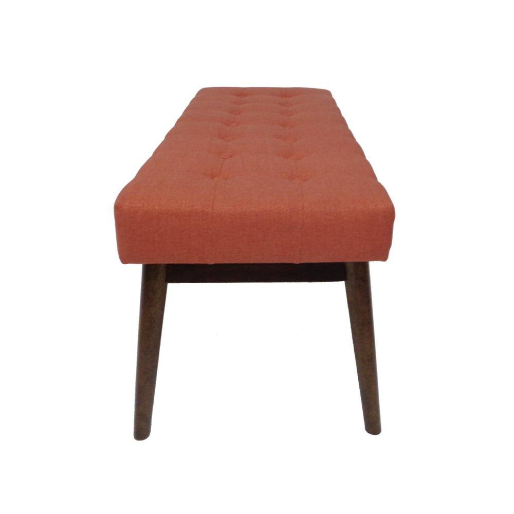 Mid-Century Coral Tufted Fabric Ottoman with Walnut Frame