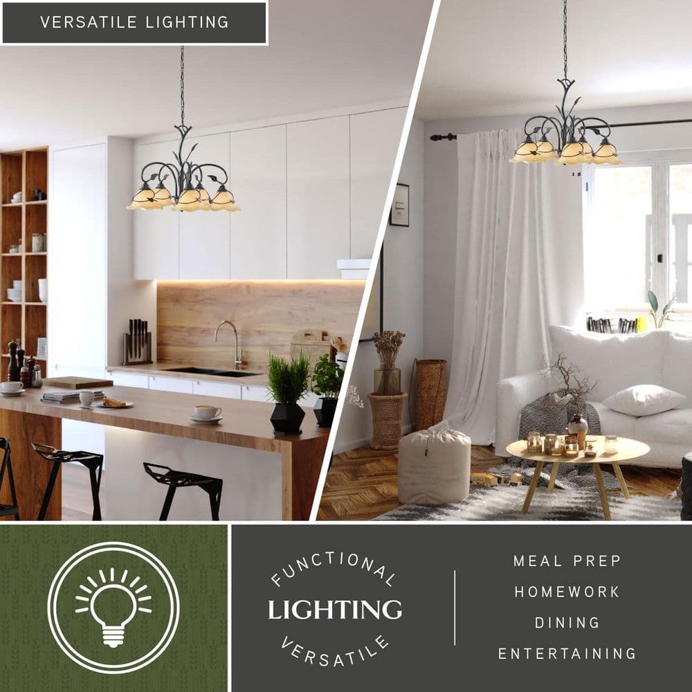 Elegant Rustic Vine 5-Light Chandelier with Amber Flake Glass Shades