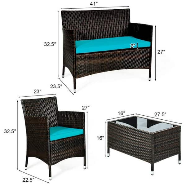 Clihome 4 Pieces Wicker Outdoor Patio Conversation Set Rattan Sofa Set with CushionGuard Turquoise Cushions and Glass Table CWCH HW63214TU The Home Depot