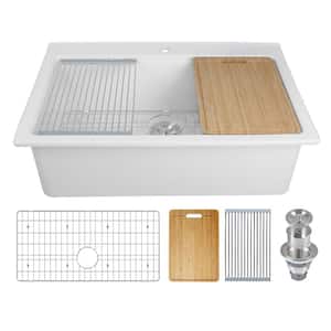 33 in. L White Fireclay Rectangular Single Bowl Drop-in Workstation Kitchen Sink with Cutting Board, Grid, Strainer