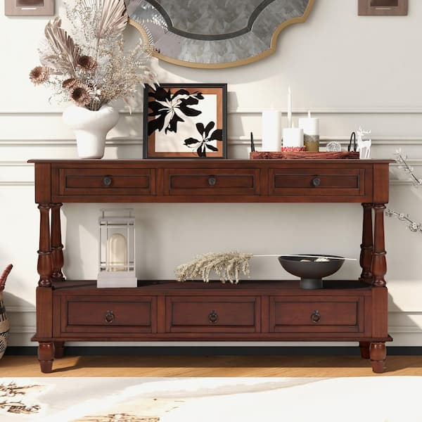 Hendrick Vintage 51 in. Cherry Rectangle Wood Console Table with 6-Drawers and Shelf
