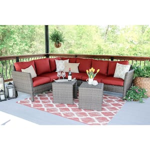Canton 6-Piece Wicker Outdoor Sectional Seating Set with Red Polyester Cushions