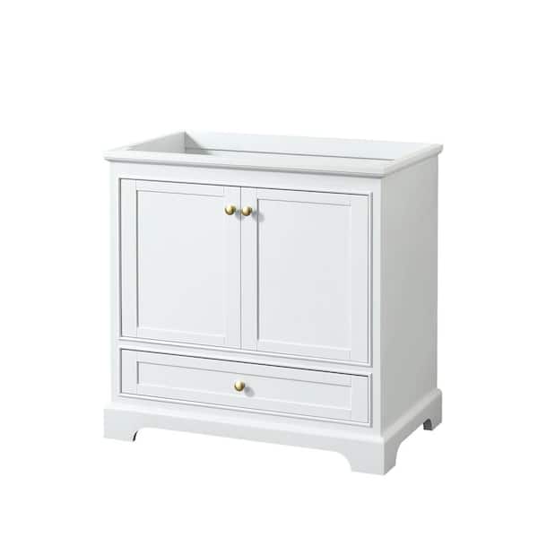 Wyndham Collection Deborah 35.25 in. W x 21.5 in. D x 34.25 in. H Bath Vanity Cabinet without Top in White with Brushed Gold Trim