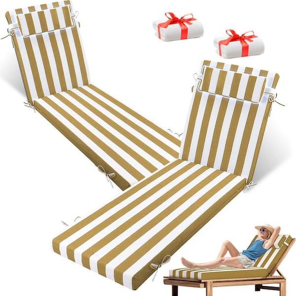YLLN 71 in. x 21 in. x 4 in. (2-Pack) Waterproof Outdoor Chaise Lounge Cushion With a Bath Towel Yellowe and White Stripes