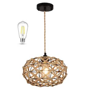 11.8 in. 1-Light Natural Hand Woven Hemp Rope Cage Chandelier Hanging Ceiling Light Fixtures with Dimmable LED Bulb