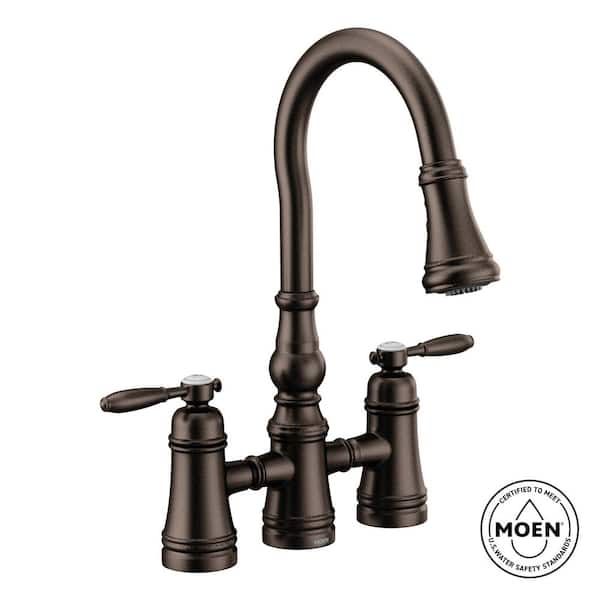 MOEN Weymouth Double Handle Deck Mount Bridge Kitchen Faucet with Power Boost in Oil Rubbed Bronze