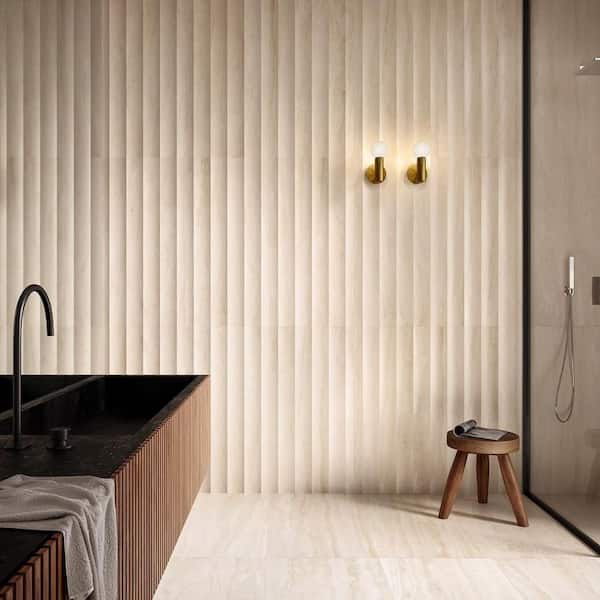Auramar Travertino Bianco Warm White 8 in. x 0.39 in. 3D Travertine Look Matte Porcelain Wall Tile Sample