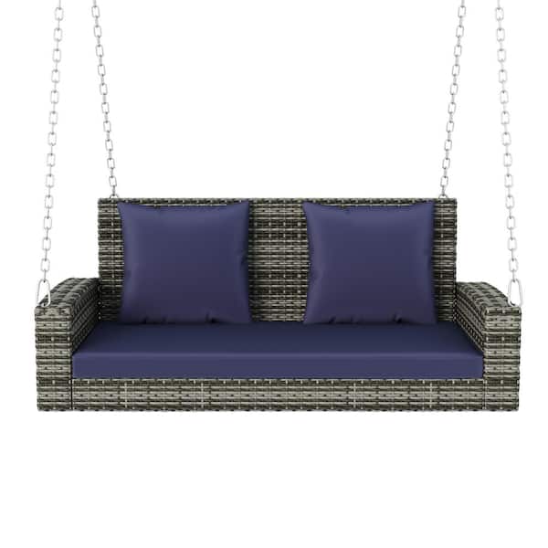 Unbranded 2-Person Wicker Hanging Porch Swing with Chains, Cushion, Pillow, Rattan Swing Bench for (Gray Wicker, Blue Cushion)