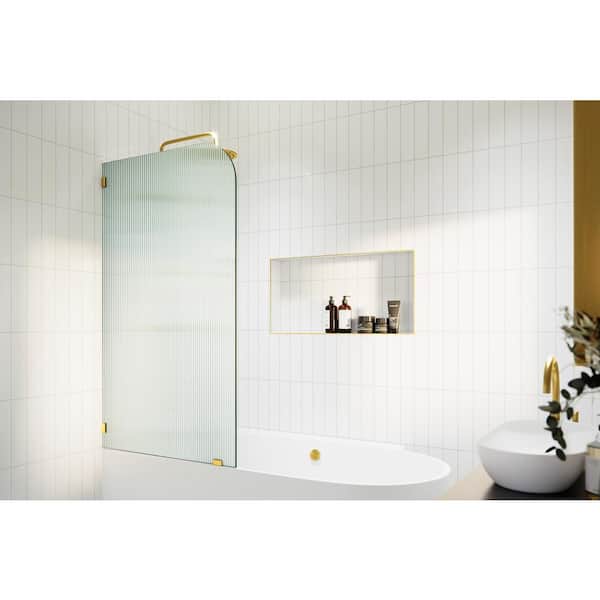Glass Warehouse Aurora 30 in. W x 58.25 in. H Left-Hand Single Fixed Frameless Fluted Frosted Bath Panel Radius Shower Tub Door