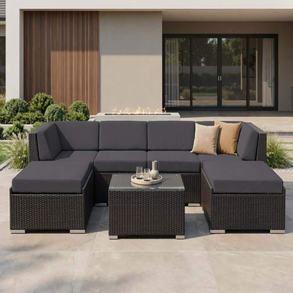 OHANA！！！ Ohana Depot Ohana Black 7-Piece Wicker Patio Seating Set with