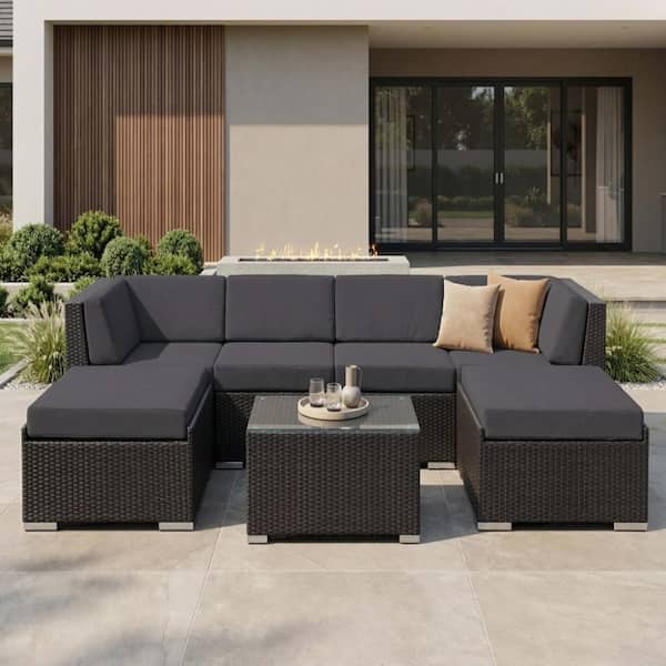 OHANA！！！ Ohana Depot Ohana Black 7-Piece Wicker Patio Seating Set with